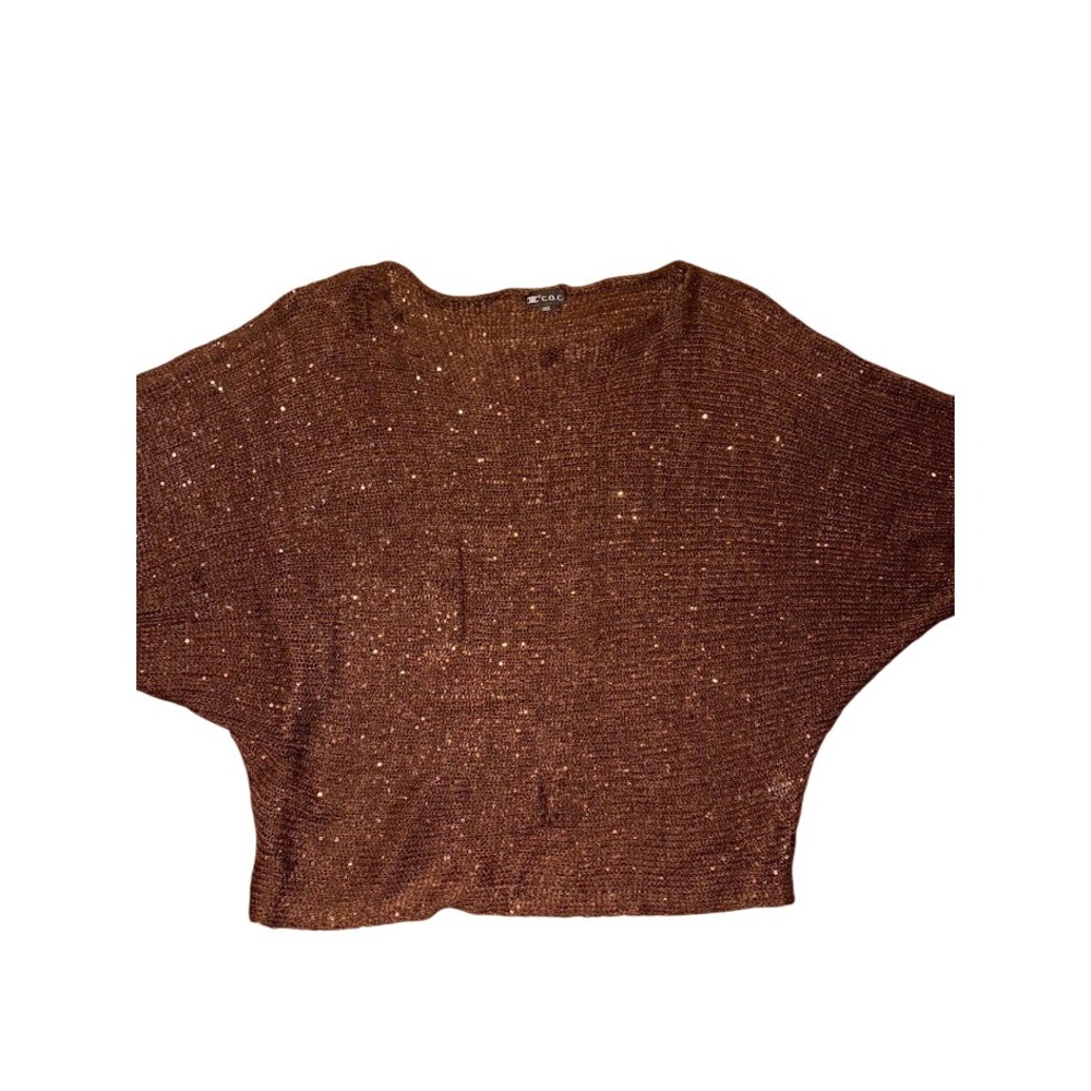 C.O.C. Women Brown Sequin Metallic Knit Batwing Sweater Boat Neck Top y2k